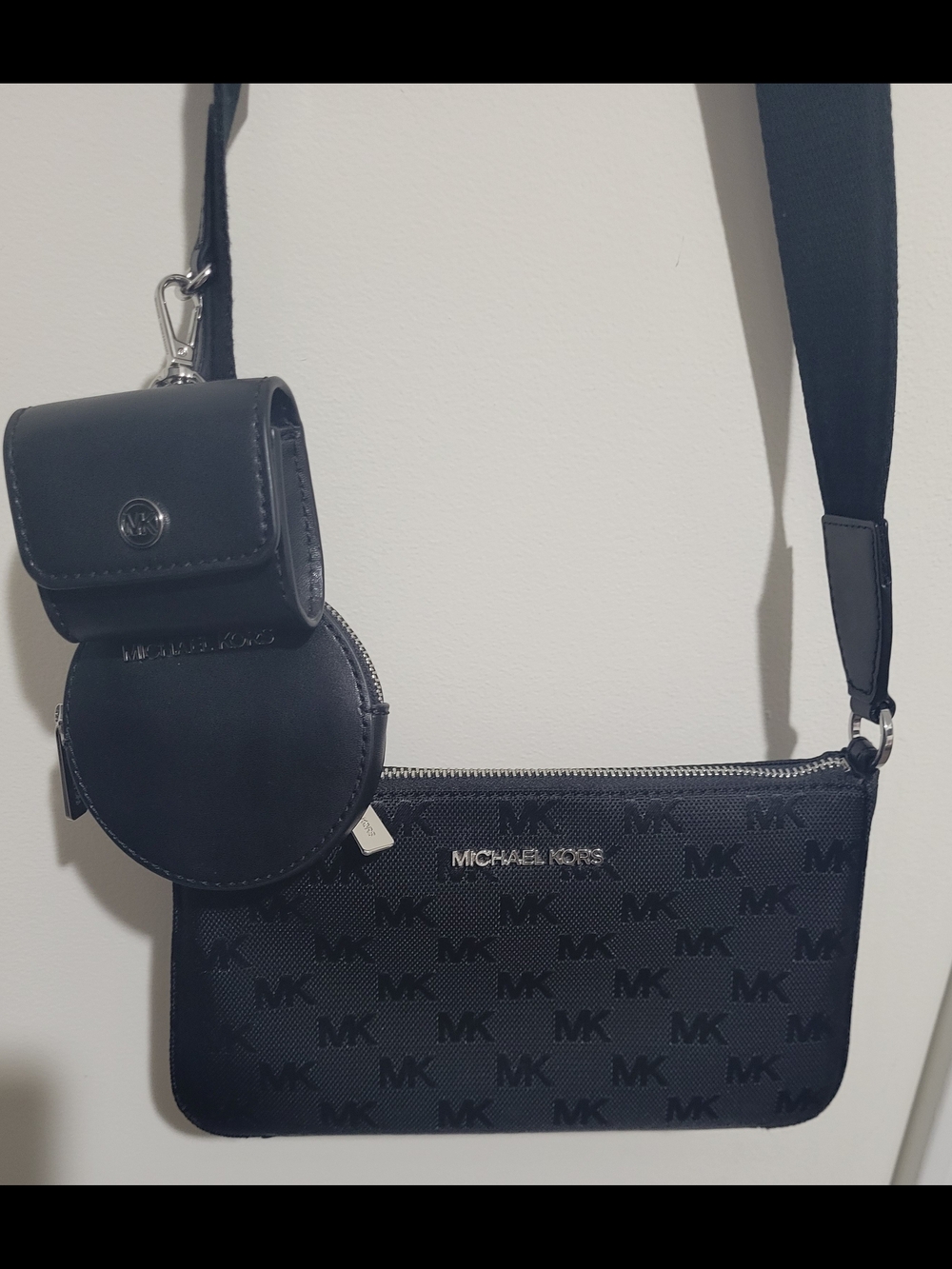 Authentic Michael Kors Black MK Logo Crossbody Bag with Pouch Set